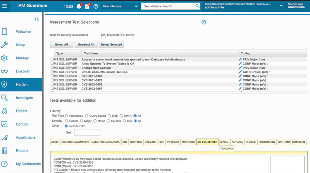 IBM Security Guardium Vulnerability Assessment test selections