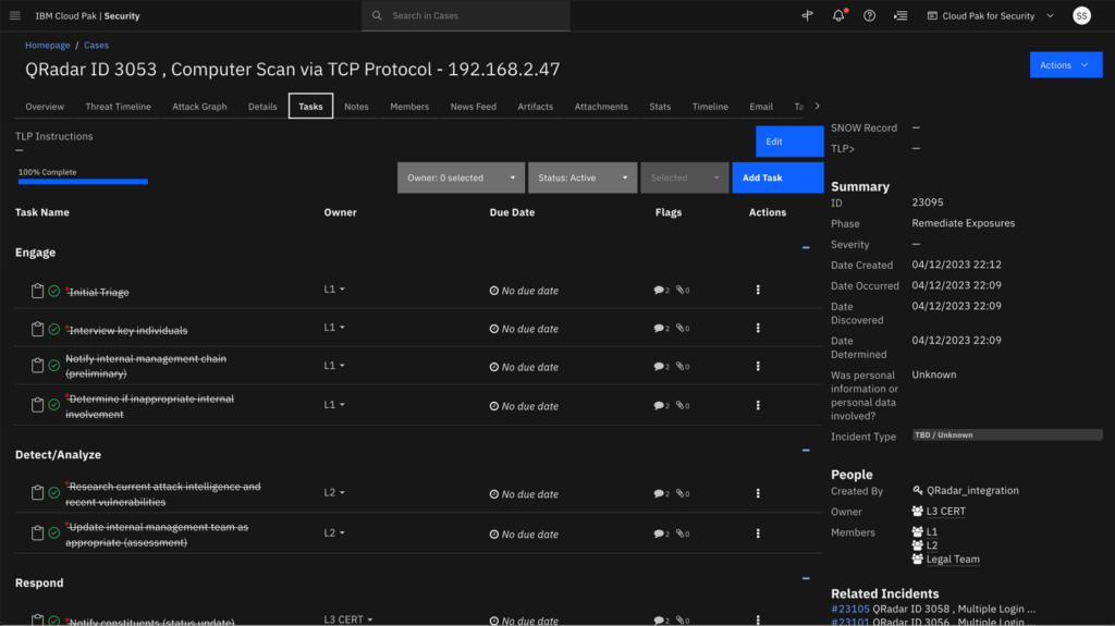 IBM Security QRadar SOAR tasks view