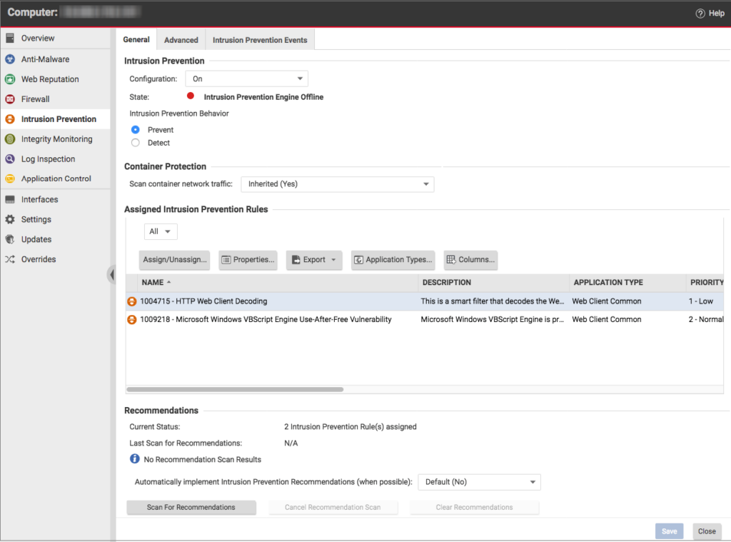 Trend Micro Intrusion Prevention software interface