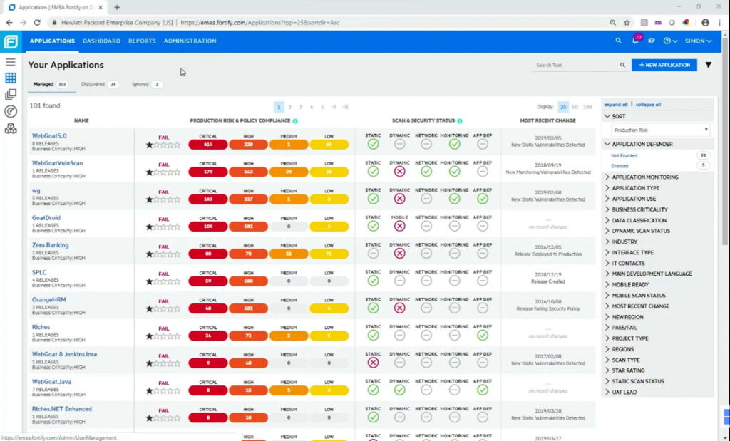 Application view in Fortify on Demand, a code analysis tool for Java