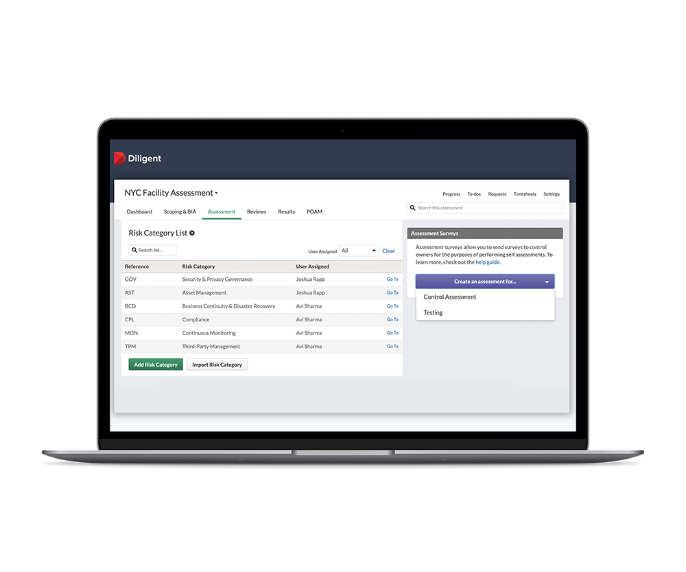 Sample assessment tab of Diligent risk management