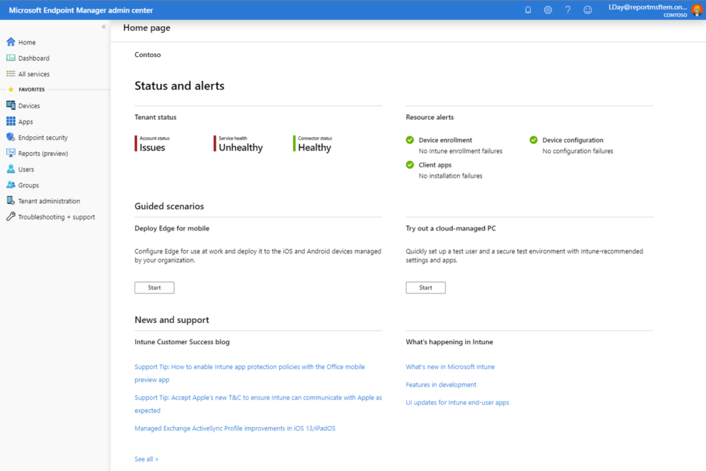 Microsoft Intune home page pane