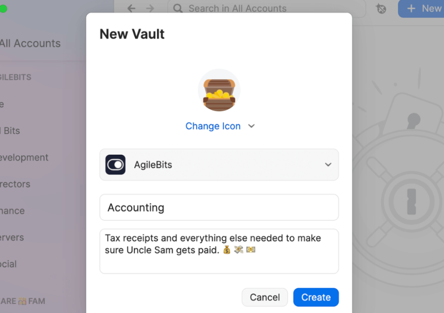 Creating new vault in 1Password password manager software
