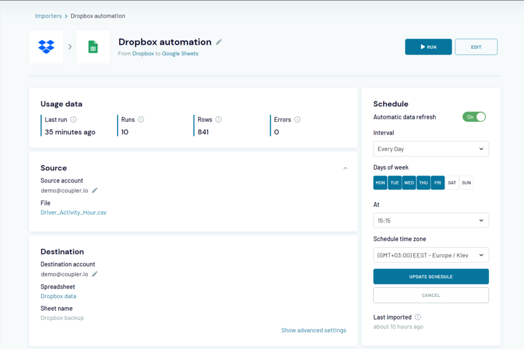 Coupler.io data extraction software interface
