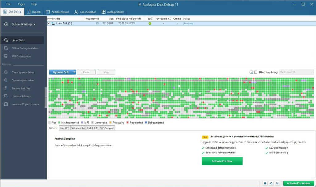 Overview of the defragmentation feature in Auslogics Disk Defrag, which optimizes the way data is stored on your hard drive.