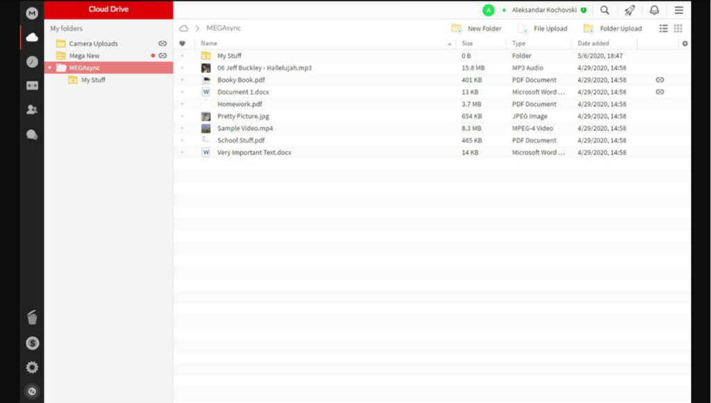 Cloud drive folder section in Mega cloud backup solution