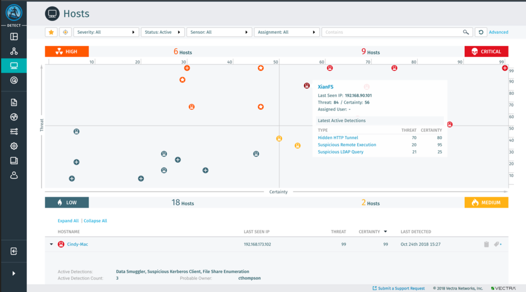 Vectra AI Network Detection and Response intrusion prevention software interface