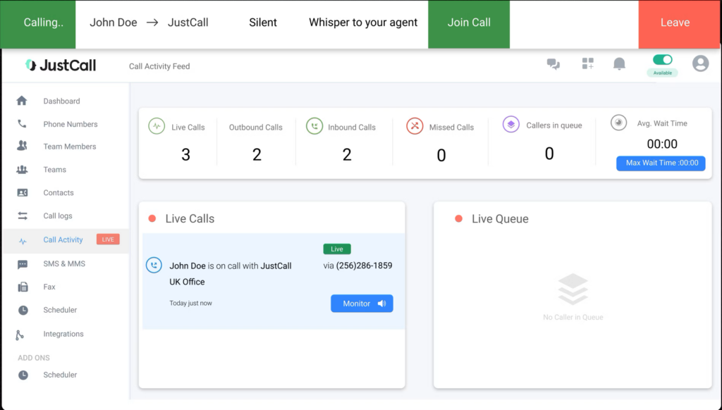 JustCall cloud communication platform interface