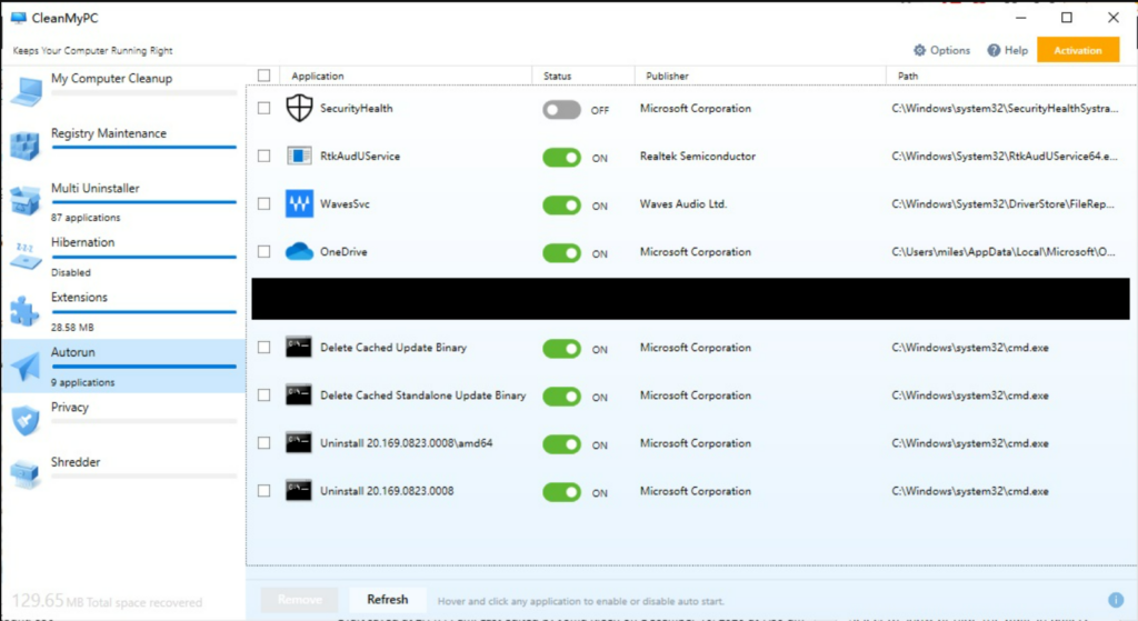 Overview of the Autorun section page in CleanMyPC, which shows you what programs run on startup, and lets you stop them running.