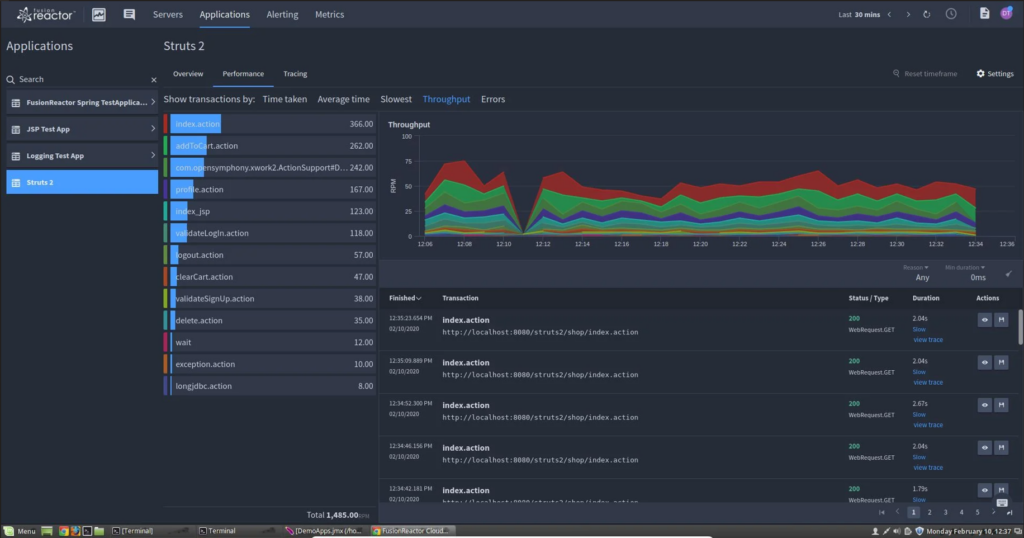 Application throughput overview in FusionReactor Java APM APM tool