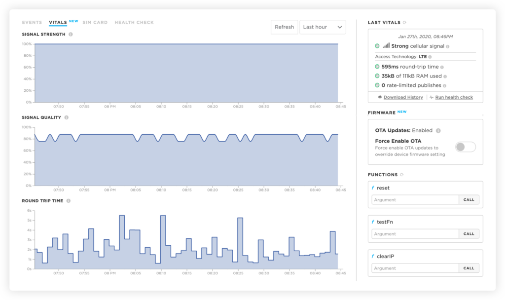 device vitals dashboard in Particle IOT cloud platform