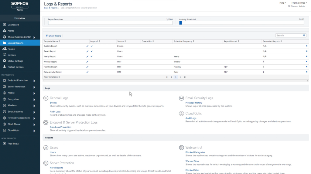 Log and reports tab in Sophos Endpoint Protection