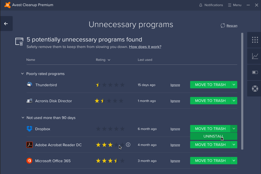 Overview of the star rating system in Avast Cleanup, which helps you decide which program to keep and consider getting rid of.