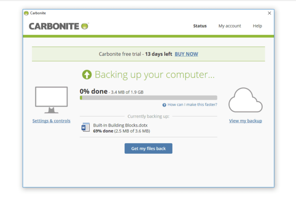 Backup status tab in Carbonite cloud backup