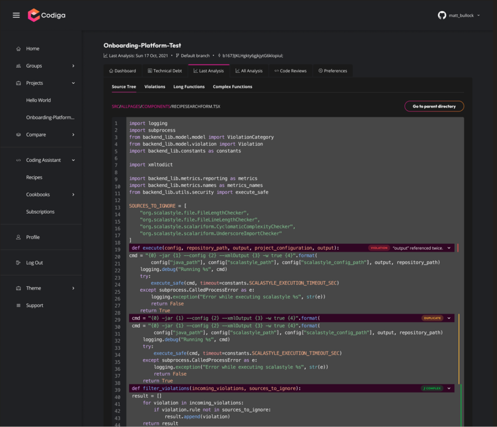 Codiga's code analysis for Java