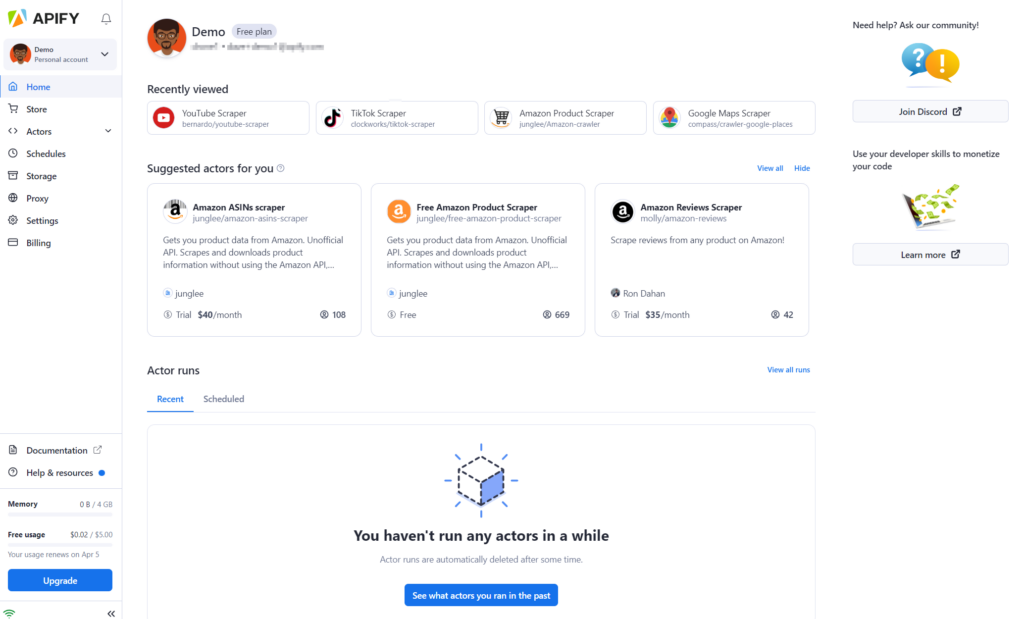 Apify's console overview