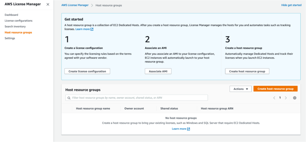 AWS License Manager host resource groups feature for software asset management