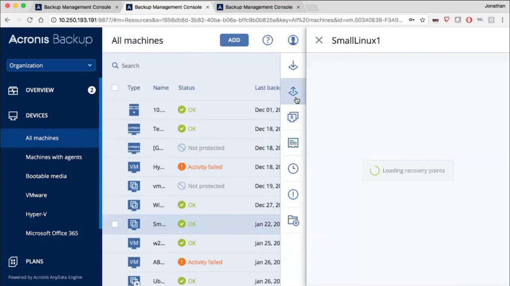 Acronis Cloud Backup management for all machines