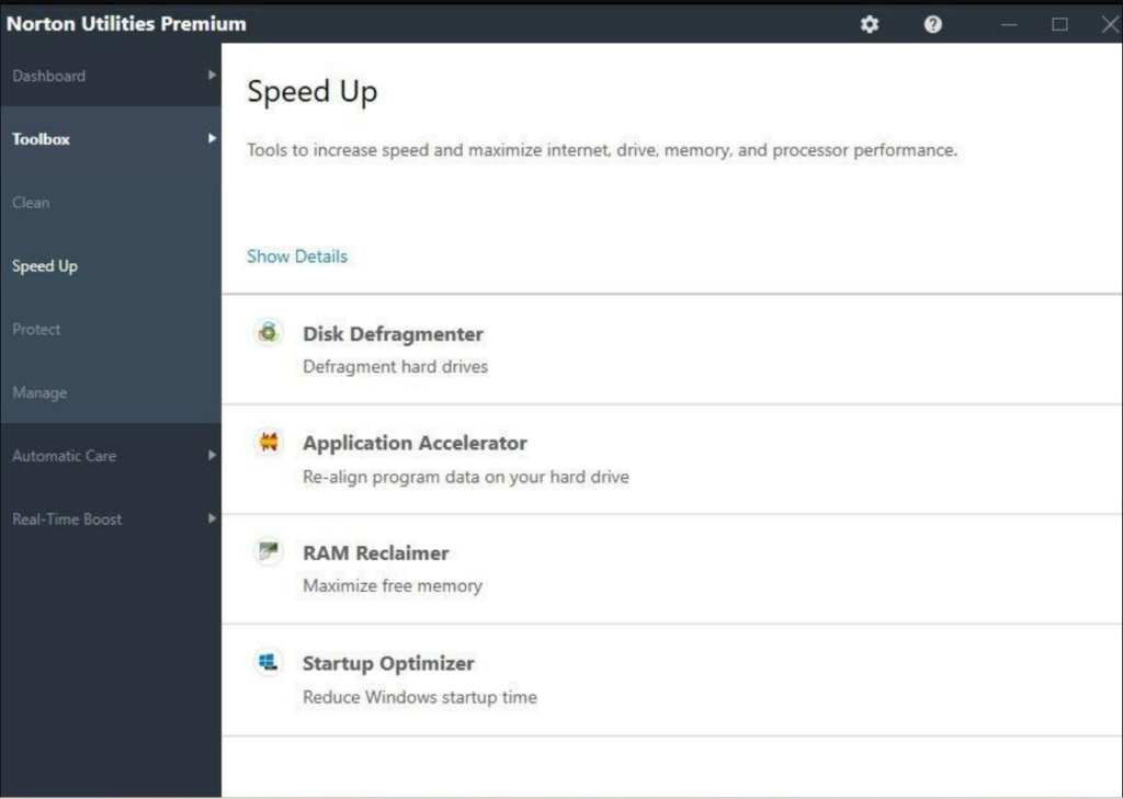 Overview of the Norton Utilities toolbox module, where you can find a set of tools, ranging from clean, speed up, protect, and manage.