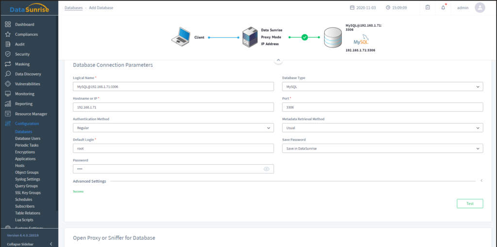 DataSunrise database security software interface