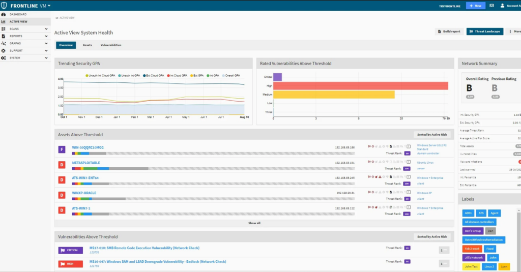 Frontline Vulnerability Manager vulnerability management tool interface
