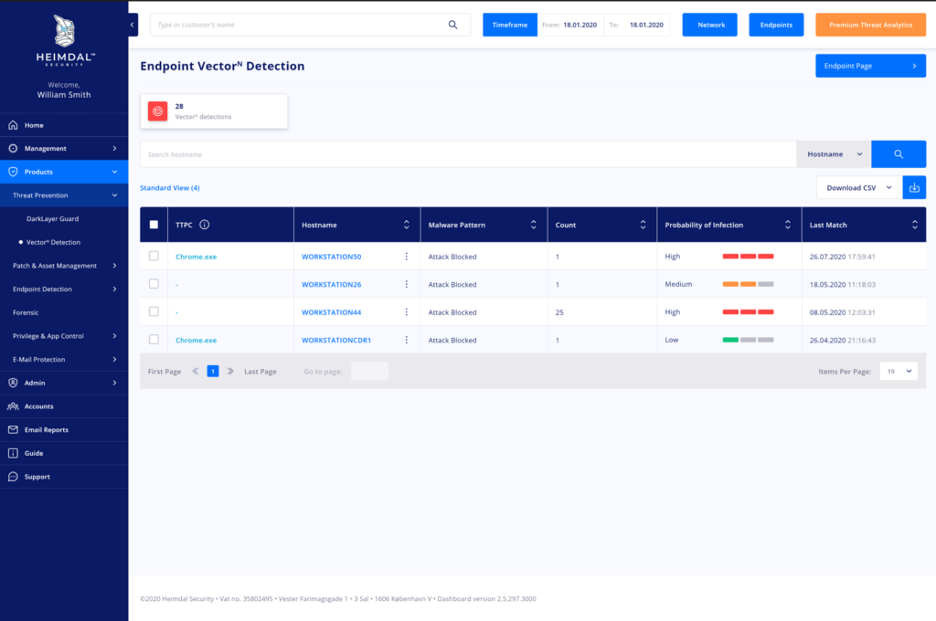 Heimdal endpoint management software interface - VectorN Detection feature