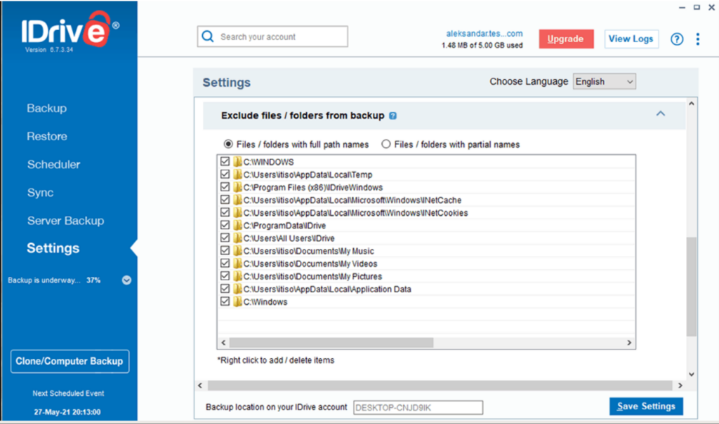 Personalizing the settings for IDrive cloud backup solution