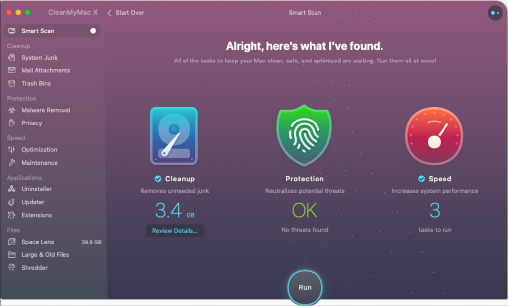 Overview of the smart scan feature in CleanMyMac X, which looks for unneeded files and malware, offers options to get rid of them, and gives optimization tips to speed up your system.