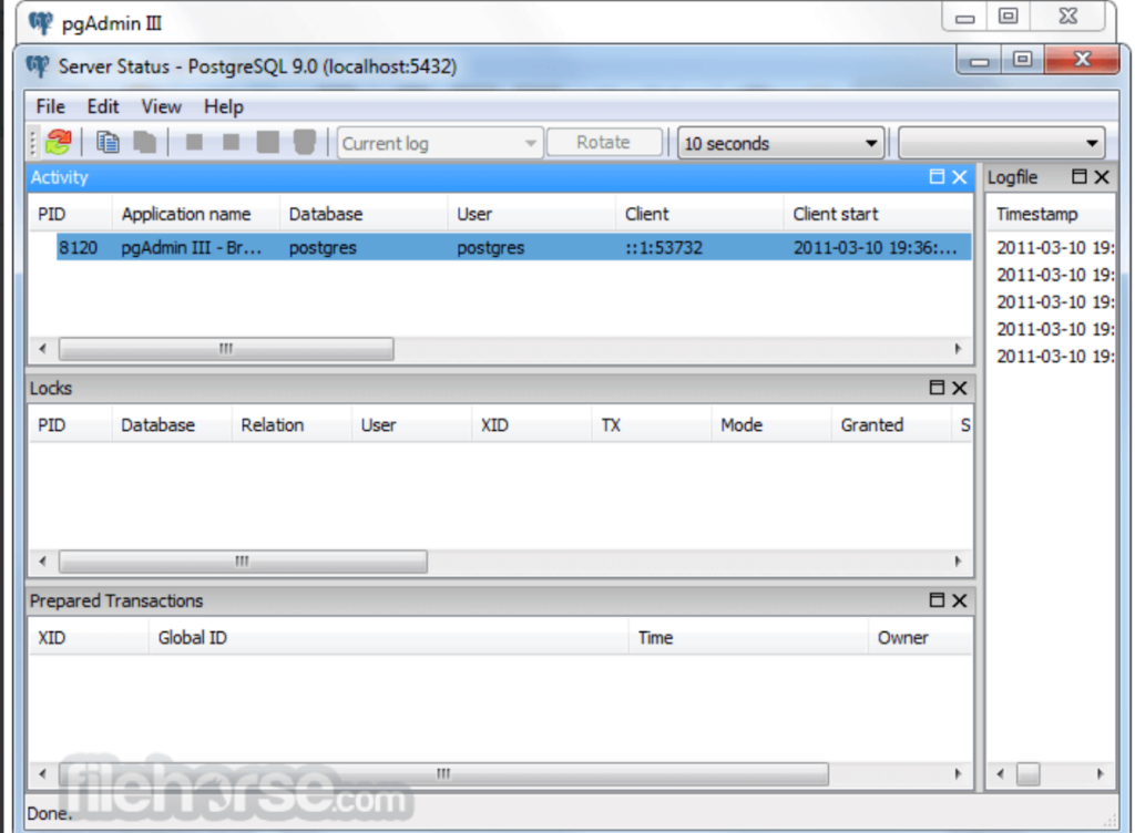 Server status feature in PostgreSQL relational database software