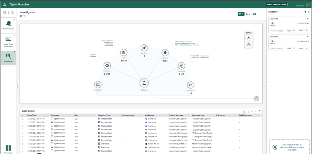 Digital Guardian Data Protection database security software interface