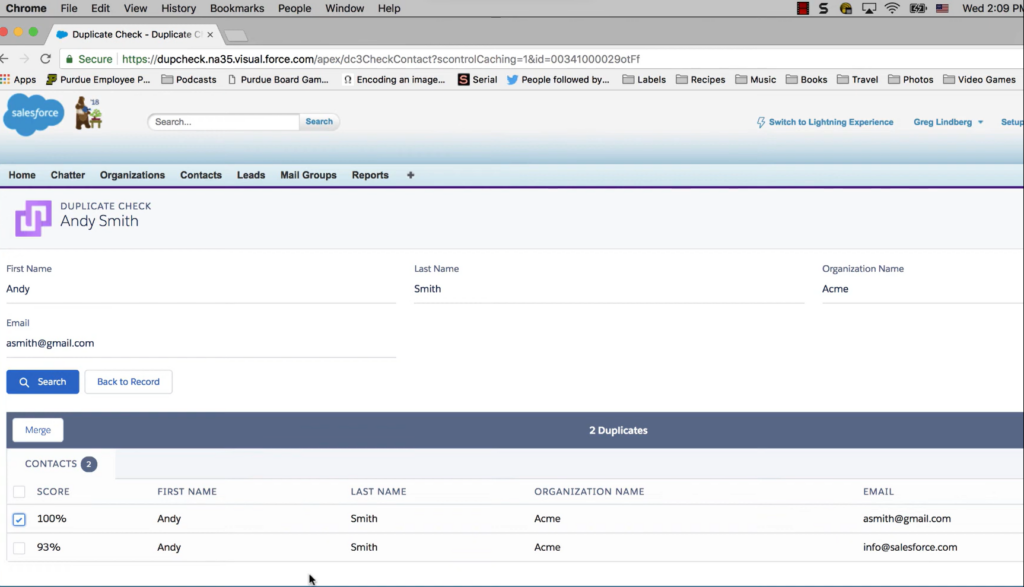 Duplicate Check for Salesforce data quality software interface