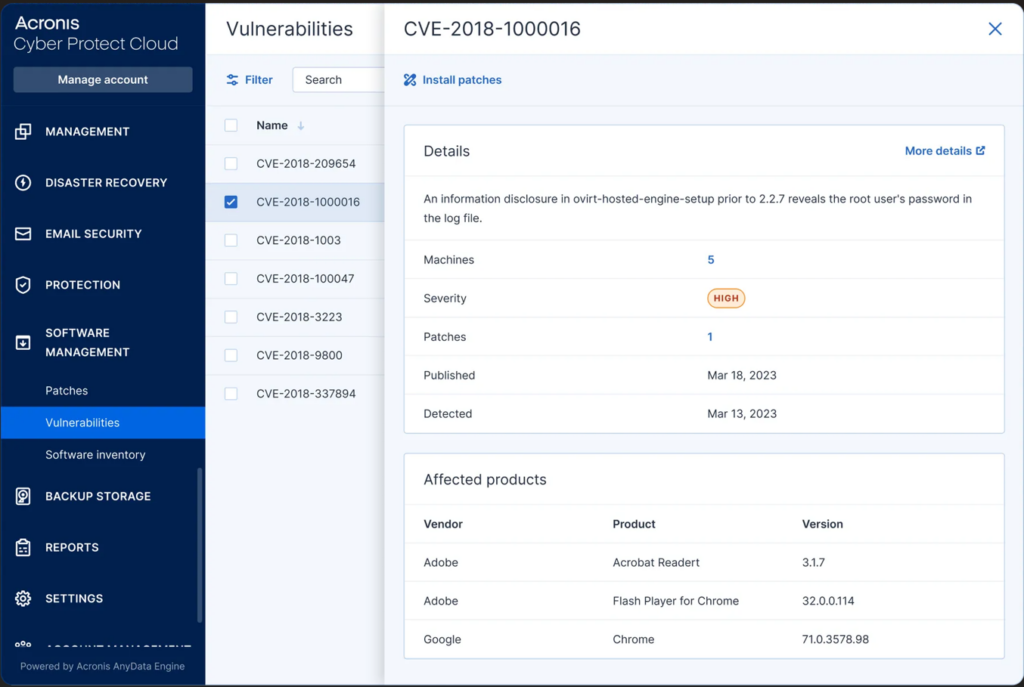Acronis patch management software interface