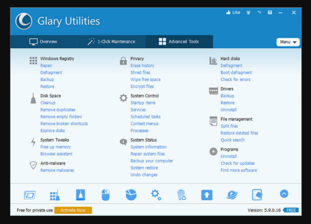 Overview of Glary Utilities advanced tools dashboard, where you can locate numerous easy-to-use system tools and utilities to fix, speed up, maintain, and protect your PC.