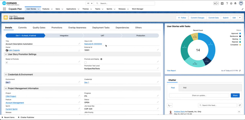 User story tab overview in Copado DevOps automation tool