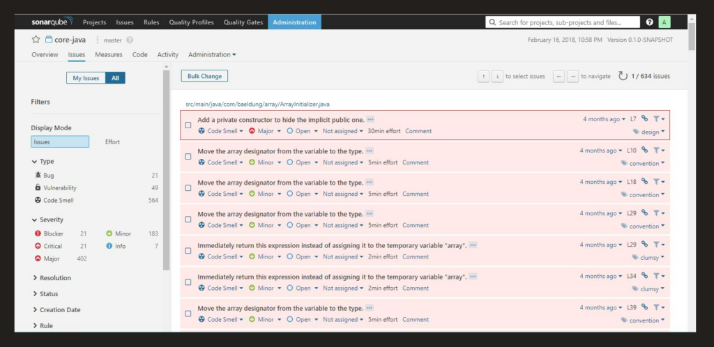 SonarQube's issues tab for code analysis for Java