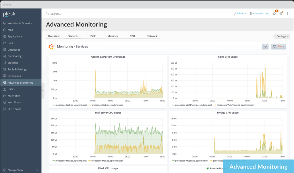 Advanced monitoring view in Plesk application server software