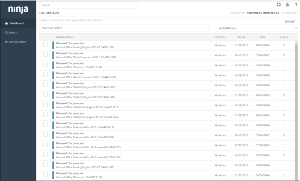Software inventory feature in NinjaOneIT Asset Management Software