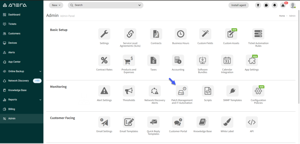 Admin panel of Atera patch management software