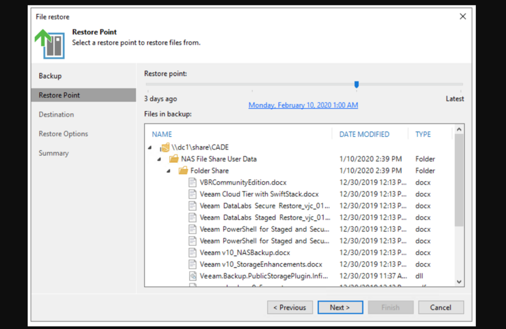 File restoration feature in Veeam cloud backuptool