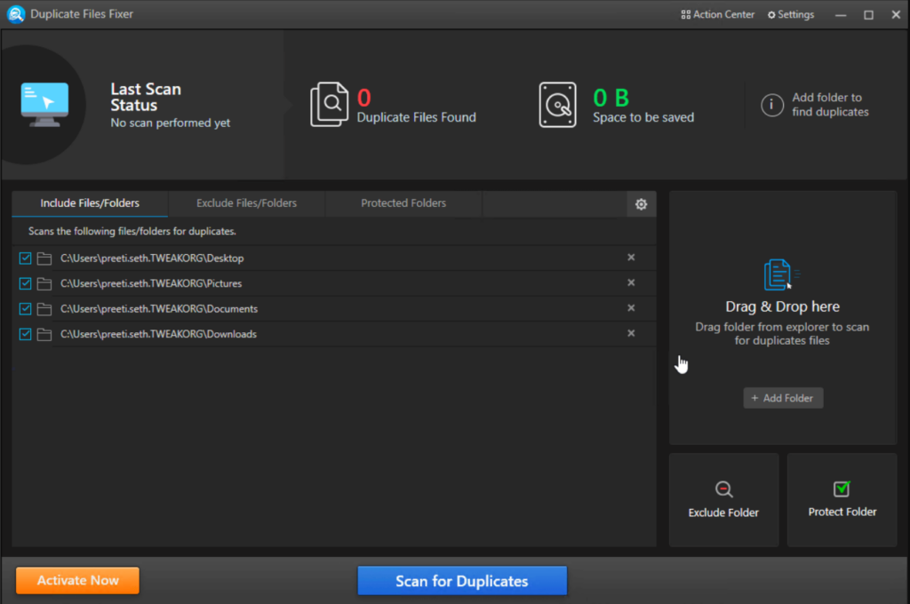 Overview of the Duplicate File Fixer's main window, which allows you to drag and drop the folders you want to analyze.
