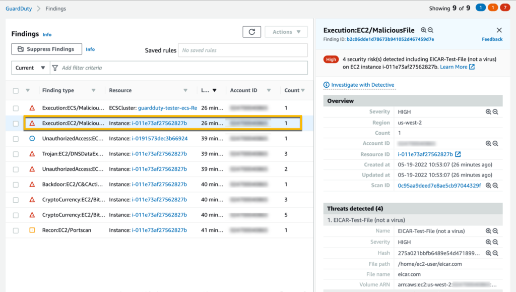 Amazon Web Services (AWS) GuardDuty cloud workload protection platform interface