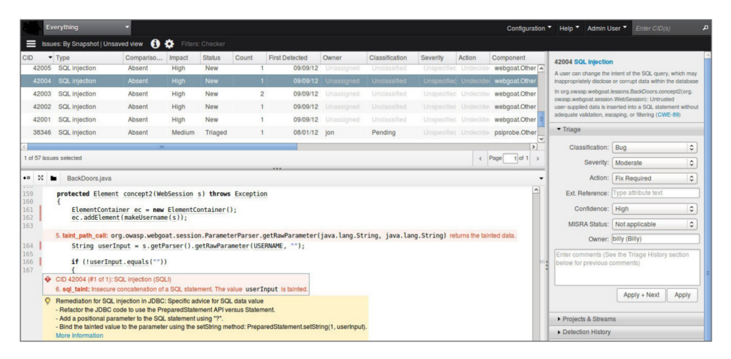 Actionable remediation guidance feature in Coverity, a code analysis tool for Java