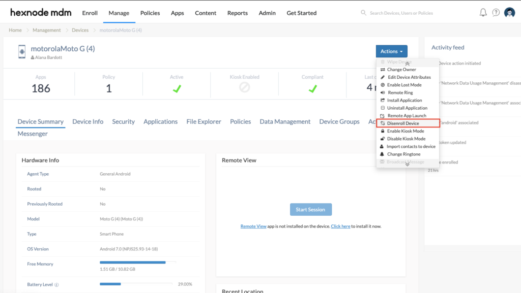 Device management feature of Hexnode endpoint management software