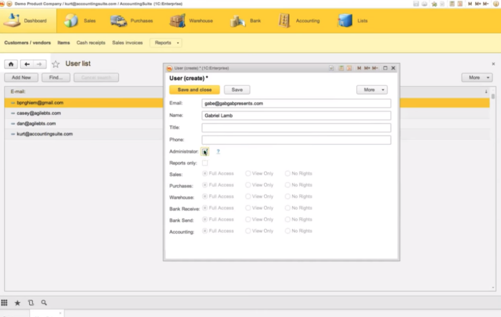 A photo focused on the user creation process of the tool AccountingSuiteâ„¢.
