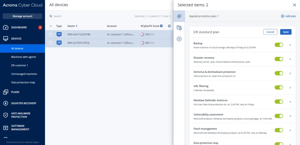 A photo that is focused on the devices tab of Acronis Cyber Protect Cloud.