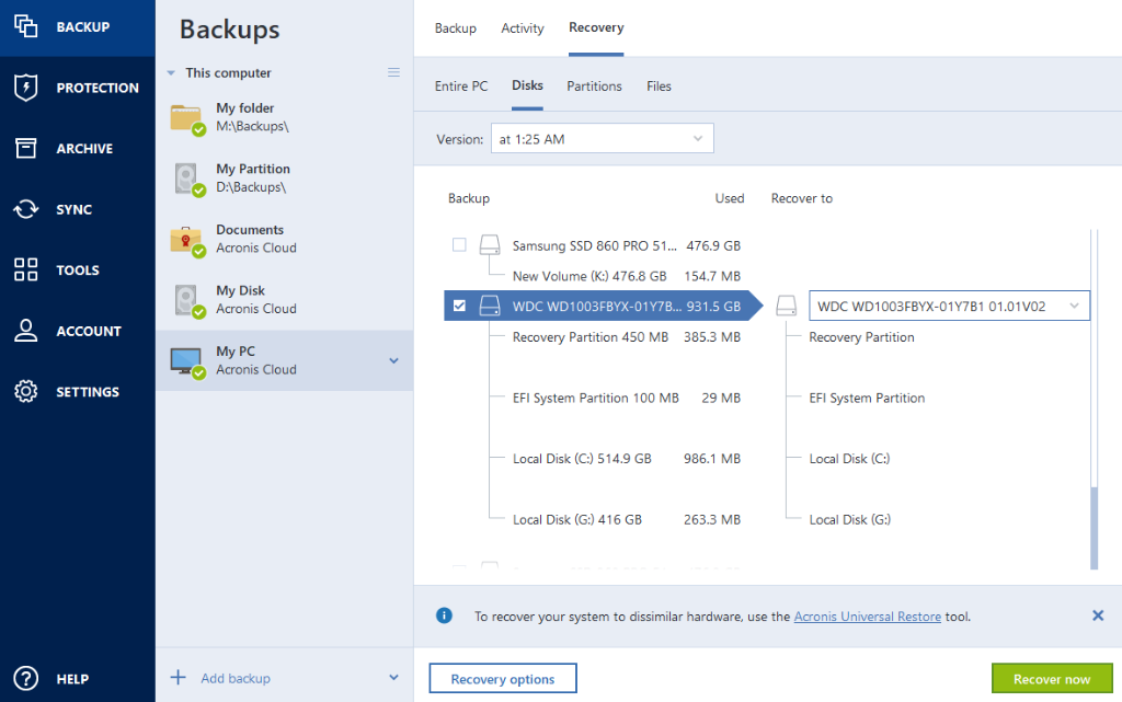 Acronis True Image backup feature