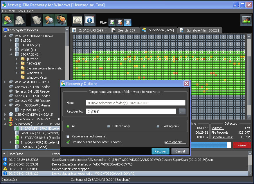 Active@ File Recovery software's recovery options