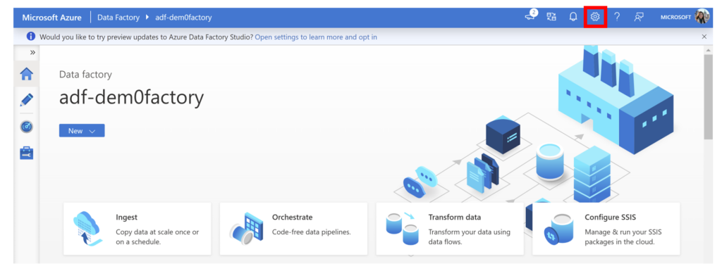 Main page of the tool Azure Data Factory