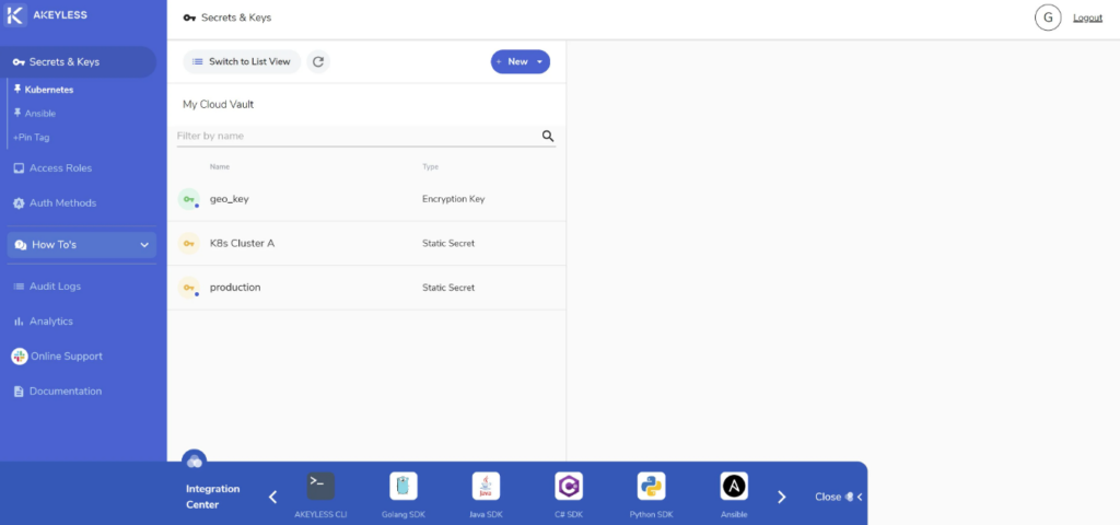 Akeyless Vault Platform secrets and keys features