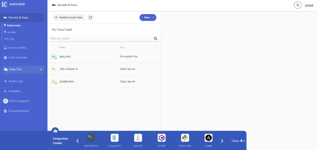 Akeyless Vault Platform secrets and keys interface